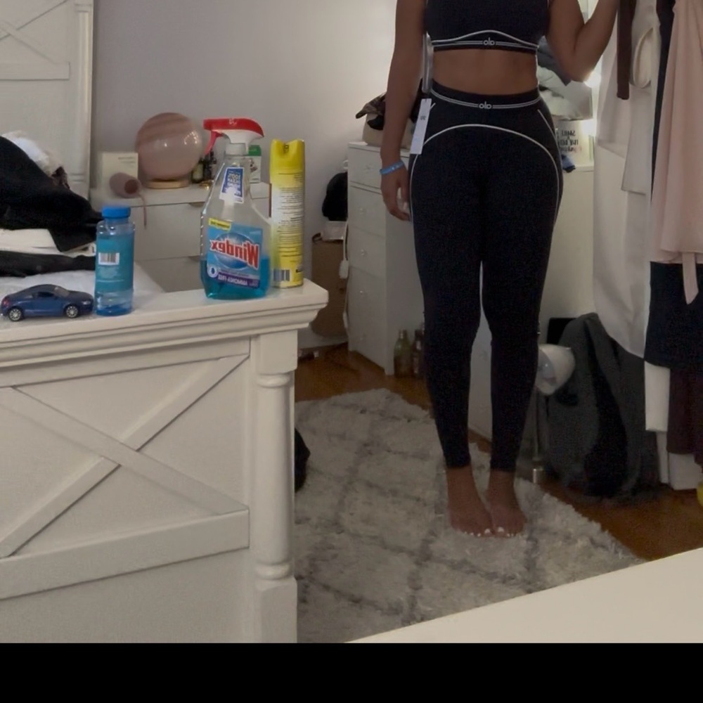 Black Athletic Leggings and Crop Top Set - White Piping
